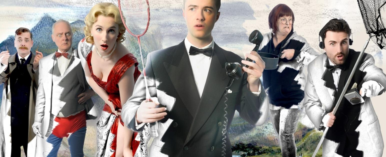 The cast of Dial M for Murder in suits and dresses holding various props in front of a mountainous background