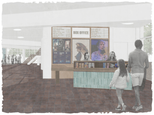 Box Office with two staff behind a blue tiled desk, a borwn slate floor and white walls
