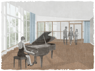 A woman playing a piano in an artists impression of our new top floor multi-purpose space with cork styled flooring and blue curtains