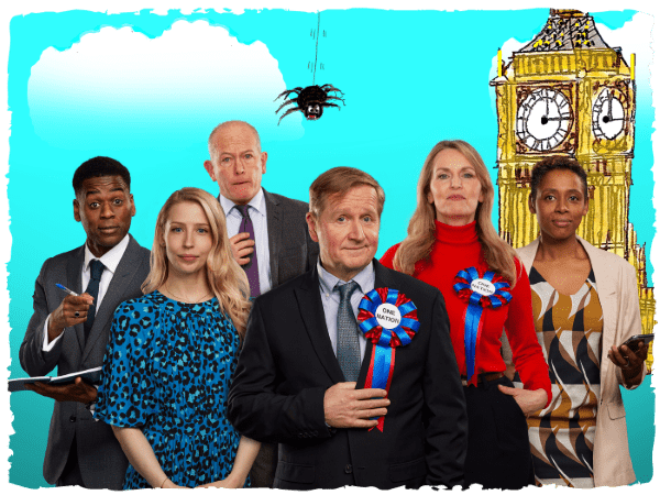 Party Games! cast in suits and dresses and wearing rosettes in front of a cartoonish background