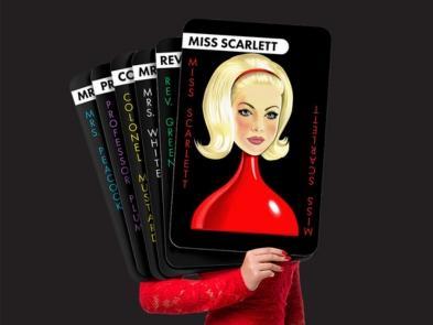 Key artwork of Cluedo 2 cards with Miss Scarlett on the front a blond woman with a red jumper