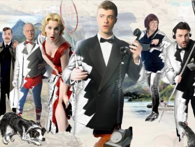 The cast of Dial M for Murder in suits and dresses holding various props in front of a mountainous background