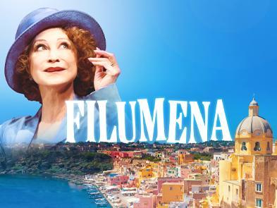 Filumena in big white text above a foreign seaside port in a painting, with an image of Felicity Kendall in a blue hat