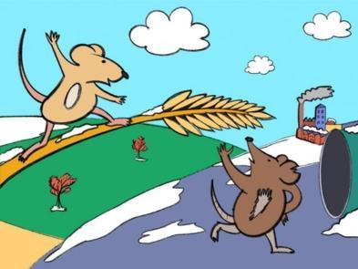 A cartoon of a mouse in a field of corn and another mouse walking towards a city