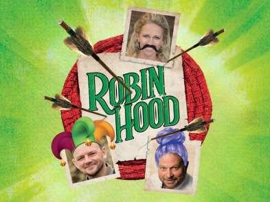 Robin Hood text stuck to a target by an arrow on a green background with images of Peter Gordon, Lucy Benjamin and Matt Pinches wearing party hats