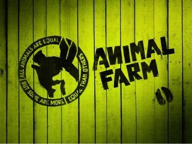 The Animal Farm text and logo of a pig on a green wooden slatted wall