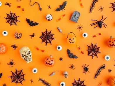 Orange background with animated halloween icons in front such as webs and skulls and pumpkins