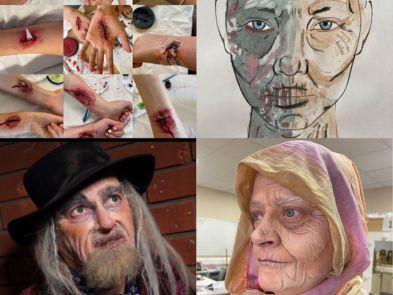 A sketch of Zombie VFX next to a collection of makeup supplies above Special VFX makeup on 2 people, one with a hat and grey hair and warts and the other with a pink shawl and wrinkle makeup